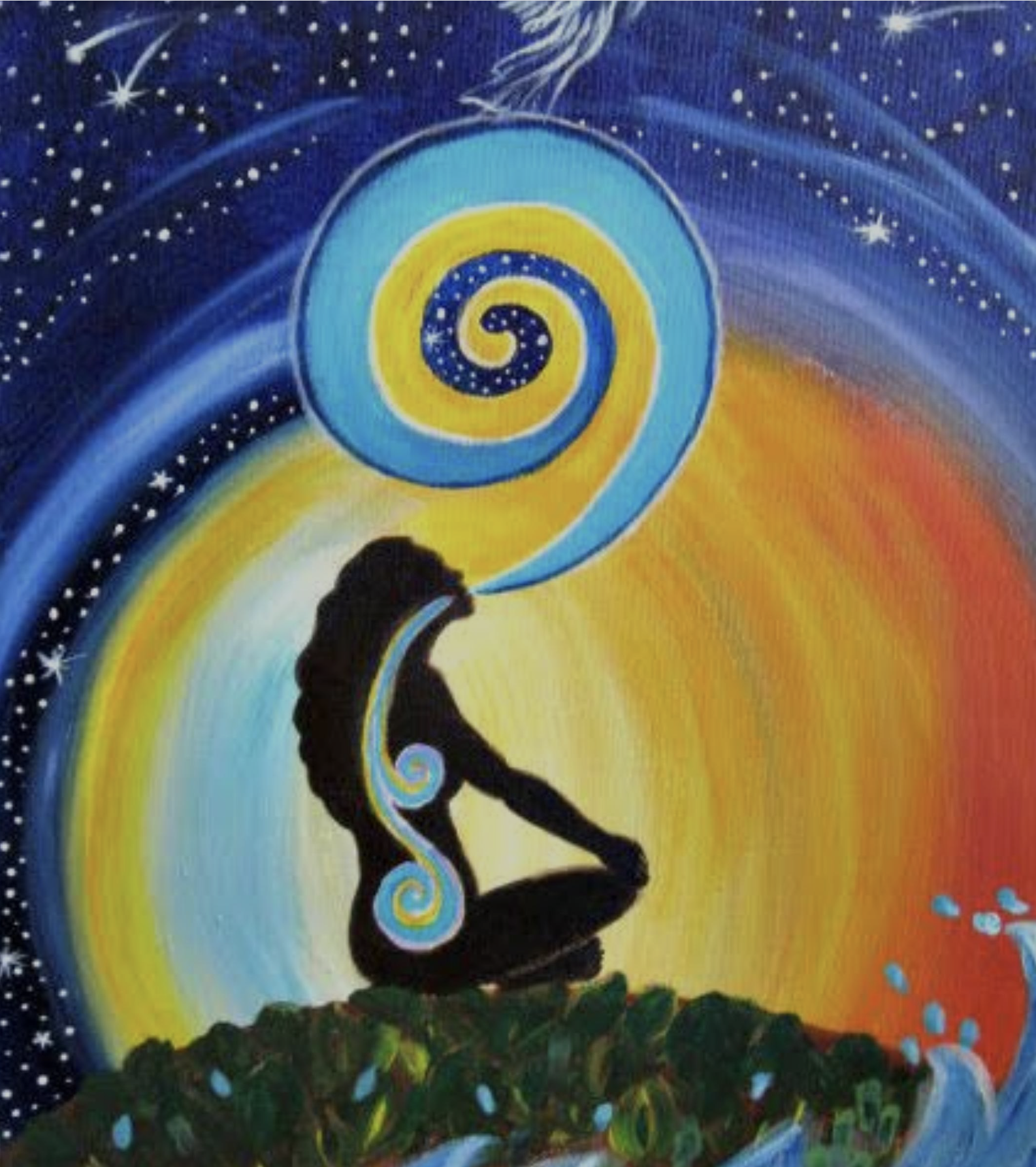 Meditation and spiritual journey - figure in meditation with cosmic spiral